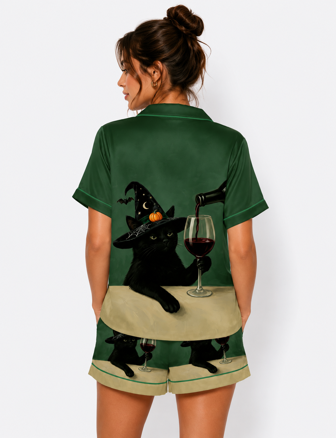 Halloween Black Cat With Red Wine Short Sleeve Satin Pajama Set