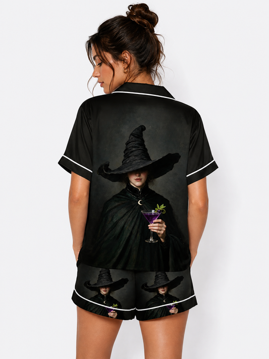 Halloween Witch With Cocktail Short Sleeve Satin Pajama Set