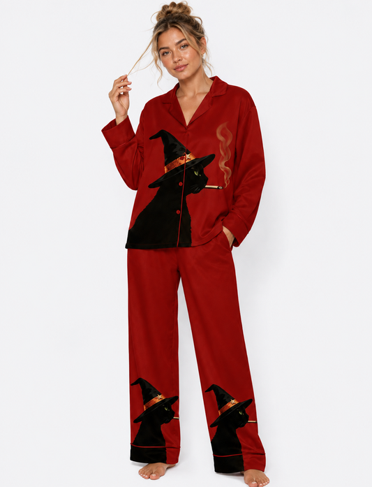 Halloween Black Cat With Witch Hat Halloween Long Sleeve Satin Pajama Set