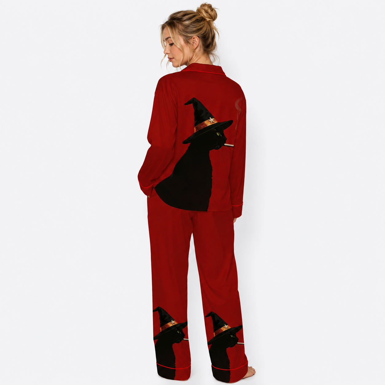 Halloween Black Cat With Witch Hat Halloween Long Sleeve Satin Pajama Set