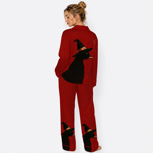 Halloween Black Cat With Witch Hat Halloween Long Sleeve Satin Pajama Set