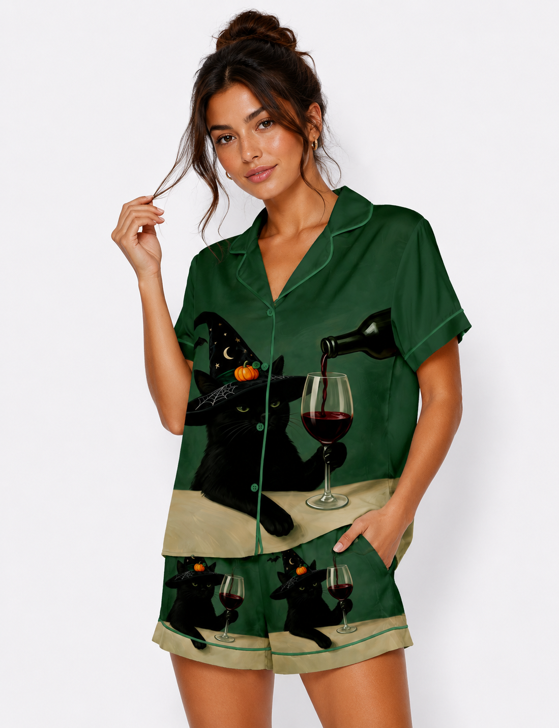 Halloween Black Cat With Red Wine Short Sleeve Satin Pajama Set