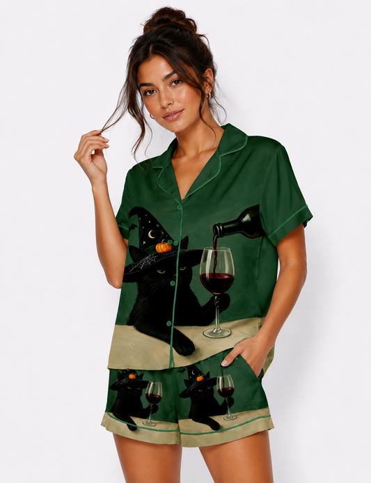 Halloween Black Cat With Red Wine Short Sleeve Satin Pajama Set