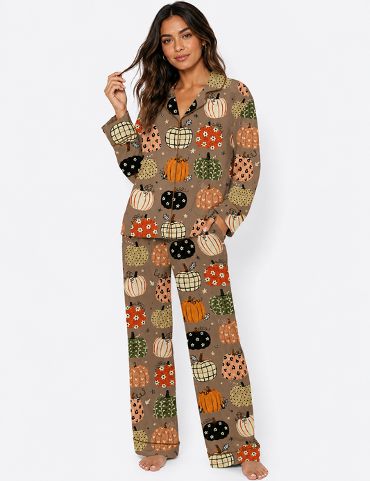 Halloween Boho Pumpkin Long Sleeve Satin Pajama Set