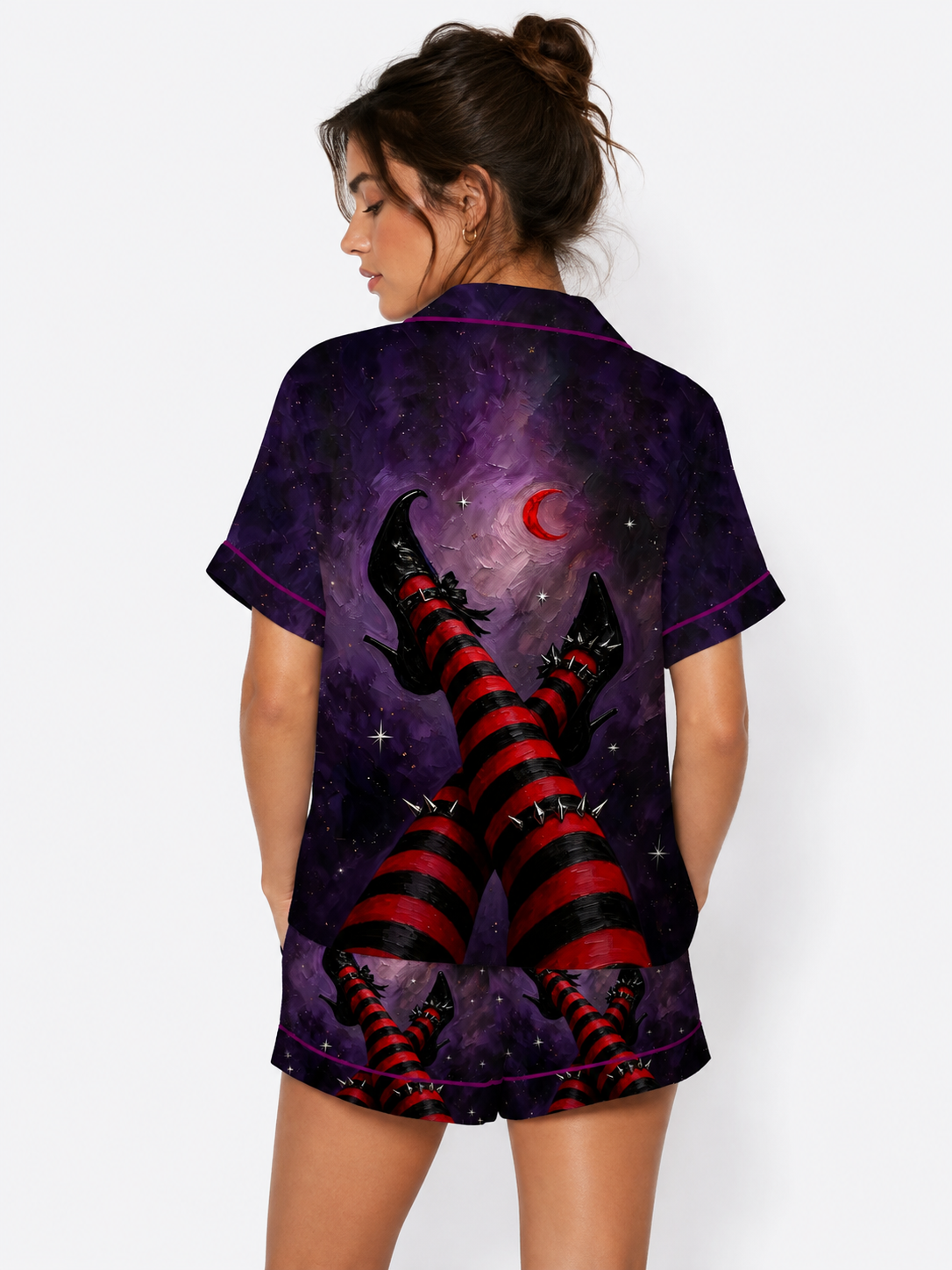 Halloween Witch Legs Black & Red Striped Stockings Short Sleeve Satin Pajama Set