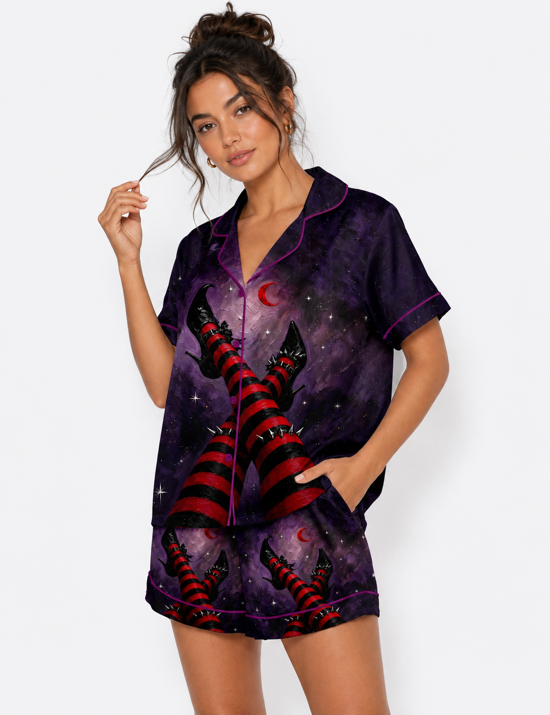 Halloween Witch Legs Black & Red Striped Stockings Short Sleeve Satin Pajama Set