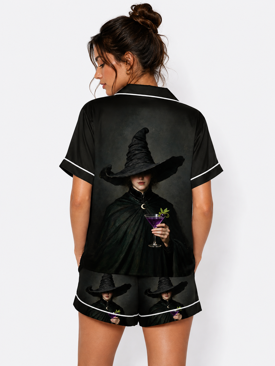 Halloween Witch With Cocktail Short Sleeve Satin Pajama Set
